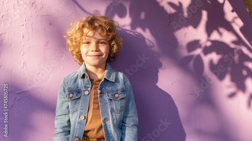 A young child with curly hair wearing a denim jacket standing against a purple wall with a shadow of a tree.