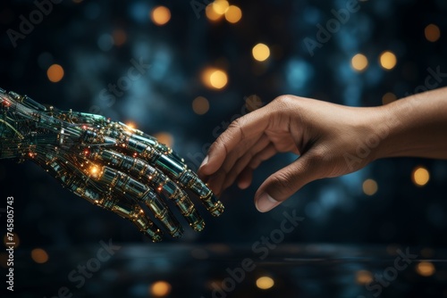 Connection of machine learning ai robot and human hands in data network on blue background photo