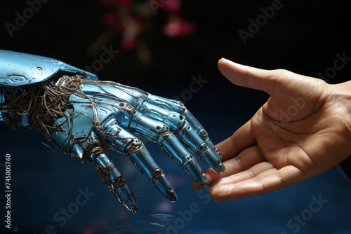 Ai robot and human touch, data network and artificial intelligence on blue background