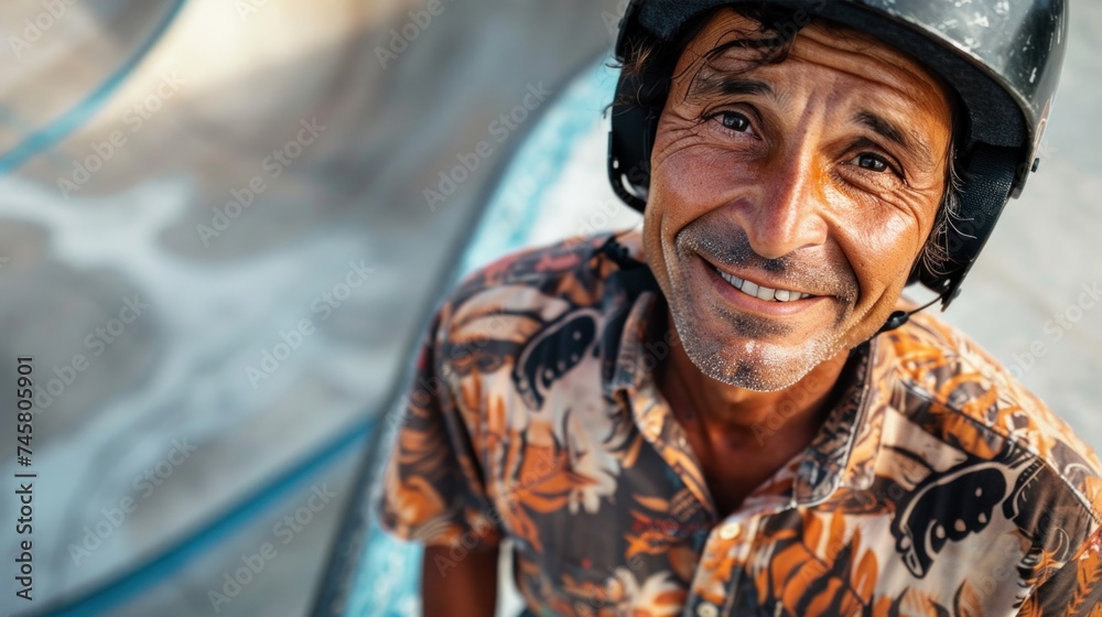 Obraz premium A joyful man with a helmet wearing a vibrant patterned shirt smiling at the camera standing in front of a skateboard ramp.
