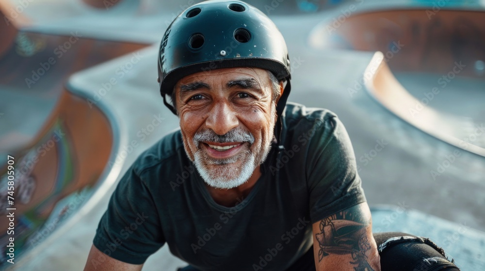 A bearded man with a tattooed arm wearing a black helmet smiling at the camera while sitting on a skateboard ramp. A bearded man with a tattooed arm wearing a black helmet smiling at the camera while sitting on a skateboard ramp.