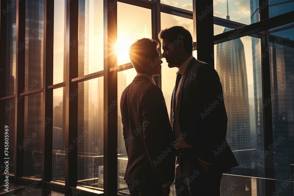 Close-up of two european businessmen kissing near window on clear summer day in modern room Close-up of two european businessmen kissing near window on clear summer day in modern room