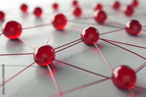 A 3D rendering of red ball graphs in a chain style showcasing the concept of networking in a digital and abstract way