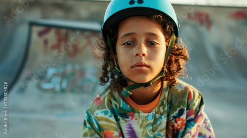 Young skateboarder in vibrant floral shirt wearing blue helmet poised for action at skate park with graffiti-adorned ramp.