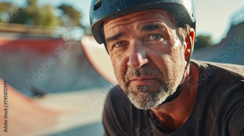 An older man with a gray beard and mustache wearing a black helmet looking directly at the camera with a serious expression sitting on a skateboard ramp.