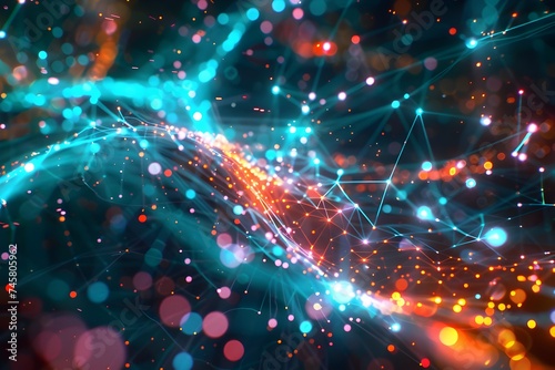 abstract image of a network of lights in dark turquoise and light red style featuring colorful abstract of glowing dots, intertwined networks on dark background flow of dots, lines in dark blue style