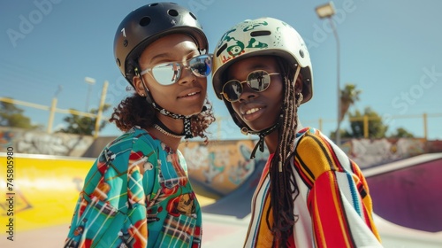 Fotografiet Two young skateboarders posing ata skate park wearing colorful shirts and helmets with graffiti-covered ramps and a clear blue sky in the background