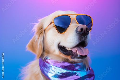 A golden retriever sporting a holographic bandana, radiating iridescent vibes against a solid lavender background