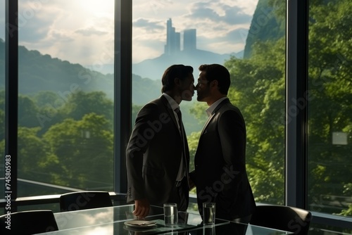 Close-up portrait of two european businessmen kissing by window in modern room on clear summer day