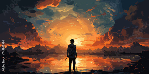 A man standing in a river with his shipwreck against the background of the sky upside down, digital art style, illustration painting