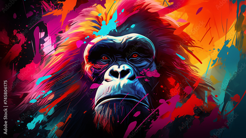 Modern colorful illustration of a gorilla. Graffiti drawing style and urban art.