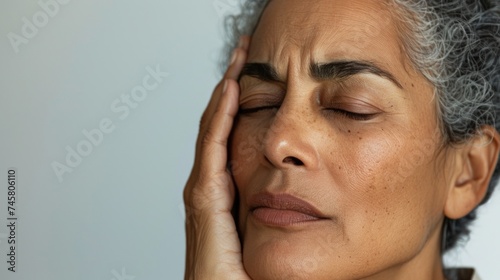 Woman with closed eyes hand on forehead showing concern or deep thought.