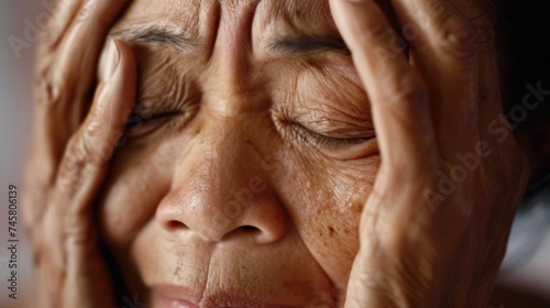 An elderly person with closed eyes resting their hands on their face conveying a sense of deep thought or concern.