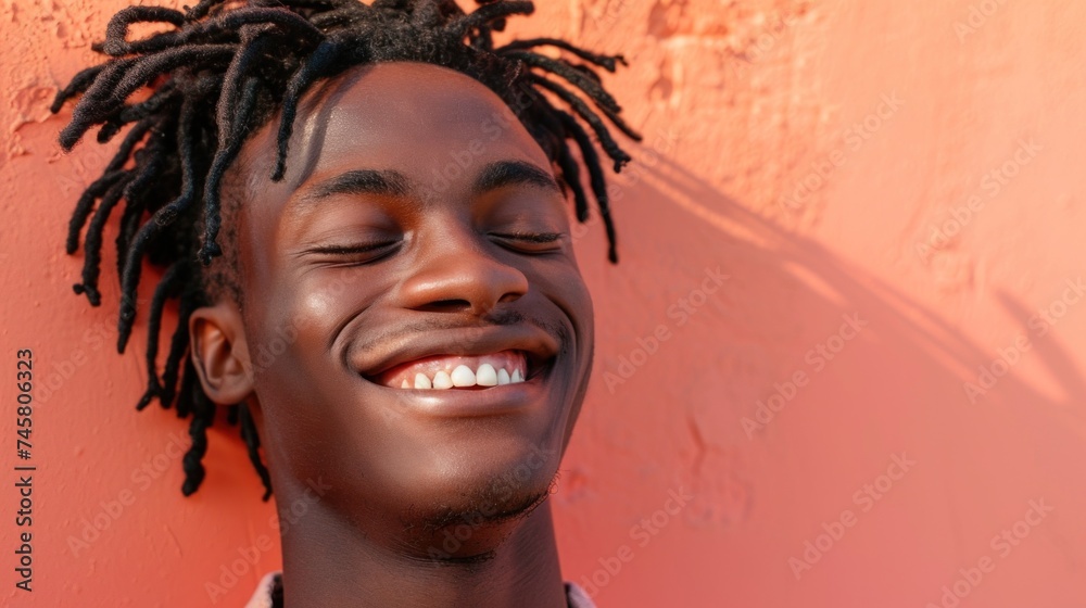 Man with closed eyes and a smile enjoying a moment of happiness or relaxation with a backdrop of a warm orange wall.