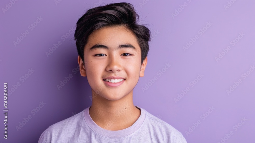 Young Asian male with short dark hair smiling at camera wearing light gray t-shirt against purple background. Young Asian male with short dark hair smiling at camera wearing light gray t-shirt against purple background.