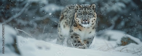 A close-up, live-action shot of a snow leopard gracefully navigating a snowy terrain, embodying the elegance of winter sports