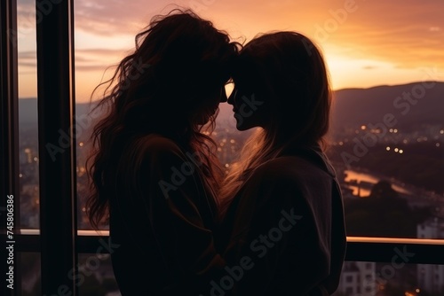 Romantic lesbian couple embracing at sunset in modern hotel, love and affection in relationship