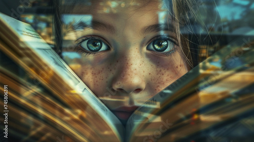 Child's Eyes Peering Over Open Book