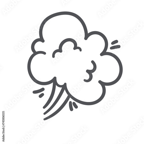 Smoke and dust puff cloud of explosion icon. Silhouette of steam, gas bubbles with puff magic effect and lines of movement. Boom with smoke in air comic book icon of doodle style vector illustration