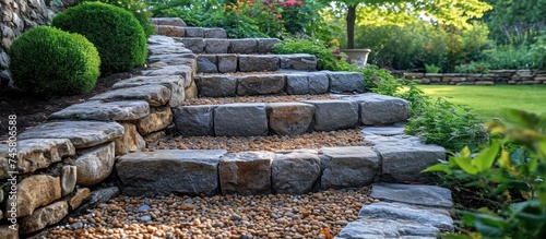 Portrait of natural stone stairs and retaining wall in the yard of the house photo