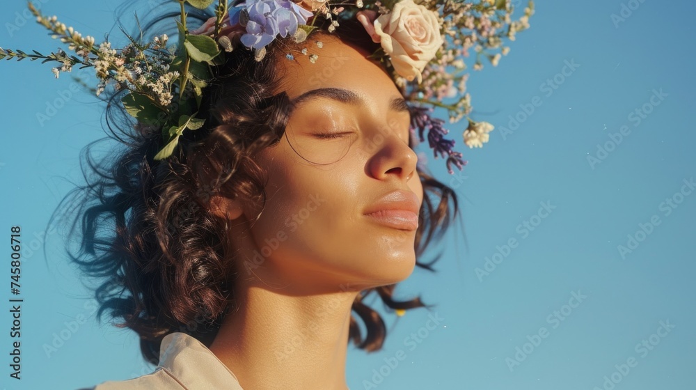 A serene woman with closed eyes adorned with a floral crown basking in the sunlight with a soft radiant glow.