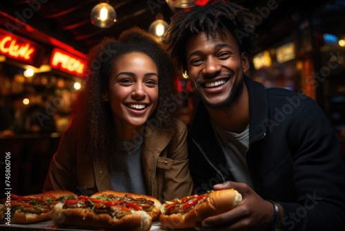 Young woman and man holding hot dogs in her hands  eating street food  generative IA