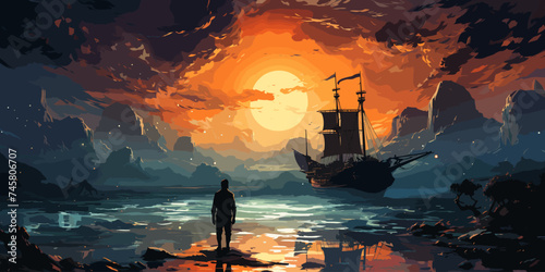 A man standing in a river with his shipwreck against the background of the sky upside down, digital art style, illustration painting