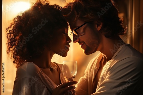 Romantic couple champagne toast at sunset in modern hotel, symbolizing love and intimacy