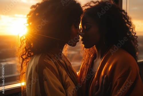 Romantic moment. Two afro lesbian women in embrace at sunset in modern hotel by window