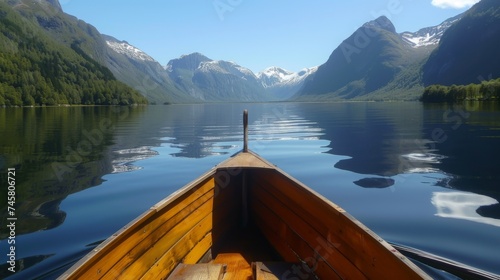 Enjoy in river under mountain, view from the bow of a small wooden boat to the calm lake and mountain landscape