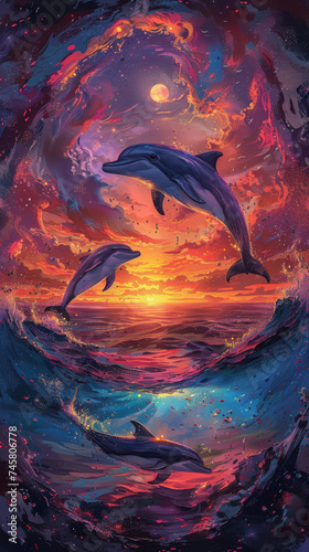 A dreamlike landscape where dolphins leap amidst swirling, hypnotic skies, reflecting a kaleidoscope of sunset hues