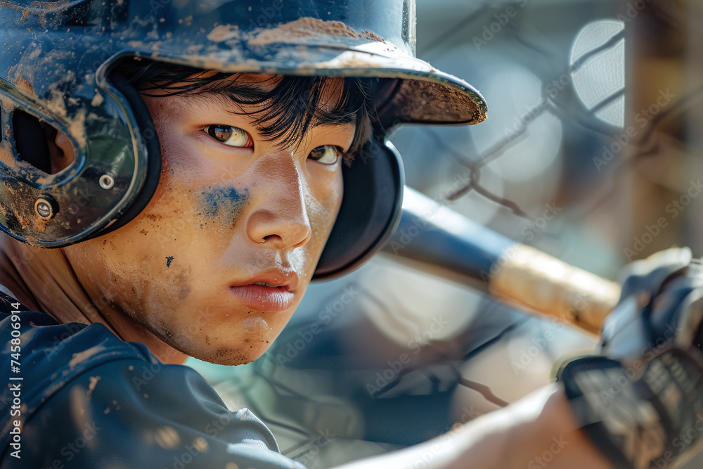 Focused Baseball Player in Helmet and Dirt Focused Baseball Player in Helmet and Dirt