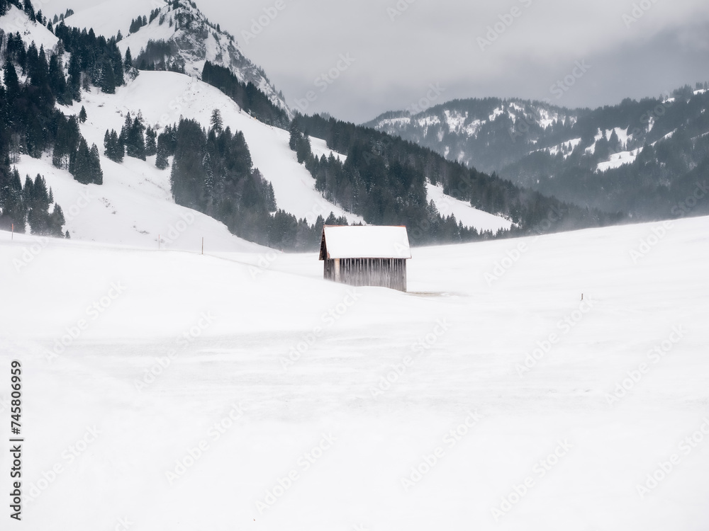 Wooden barn in the Alps during snowfall Wooden barn in the Alps during snowfall