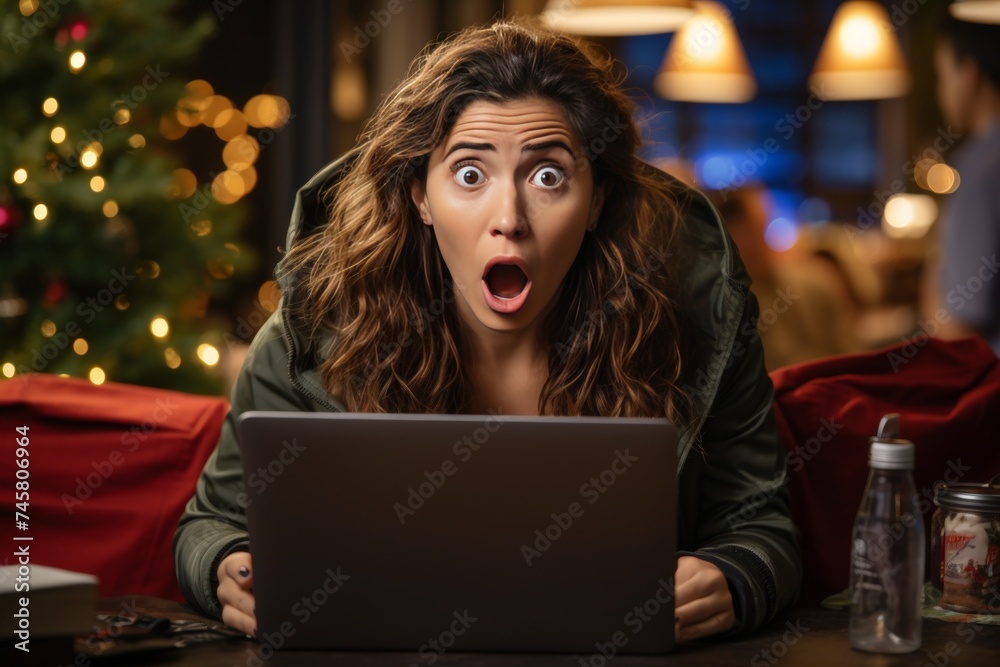 Portrait of anxious woman in distress while reading unsettling news on laptop screen Portrait of anxious woman in distress while reading unsettling news on laptop screen