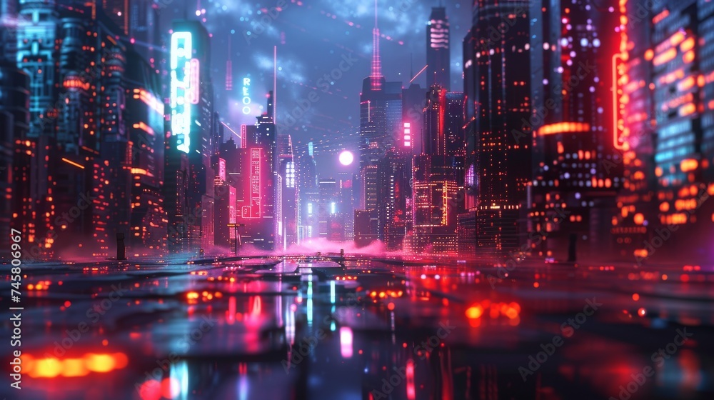 A high-tech network of blockchain and bitcoins, visualized in a neon, sci-fi landscape