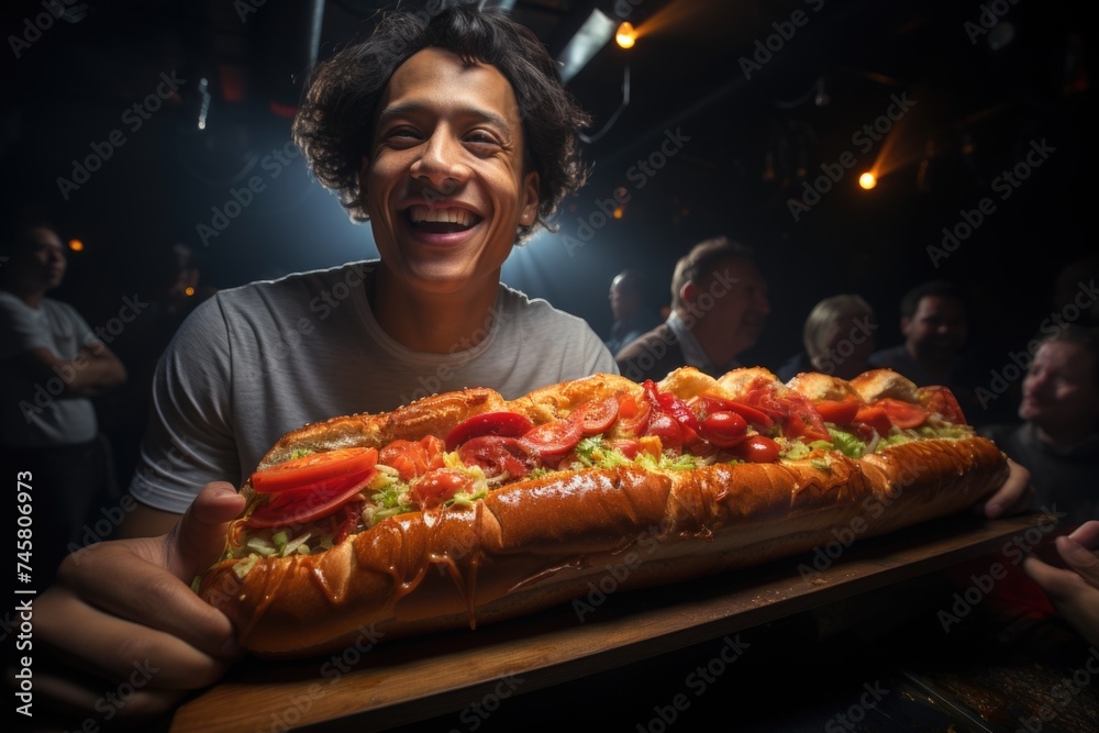 People smiling in front view with giant hot dog, generative IA