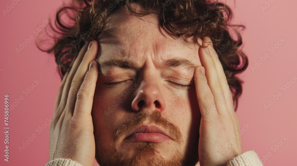 Man with curly hair closed eyes and hands on his face expressing distress or deep thought against a pink background. Man with curly hair closed eyes and hands on his face expressing distress or deep thought against a pink background.