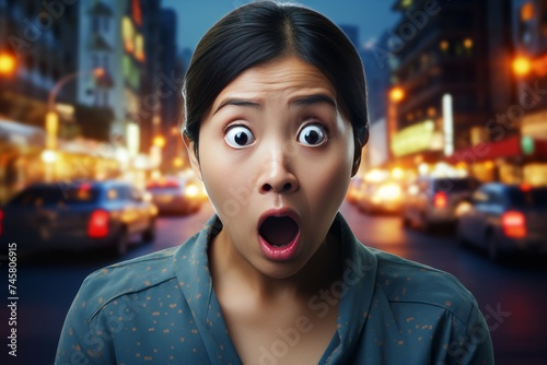 Surprised asian womans face on blurred night street. Fear concept, shocking female expression