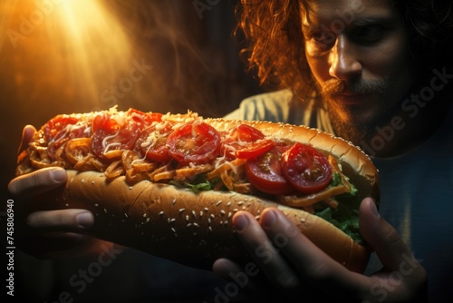 Close-up person  holding the tasty hot dog  generative IA