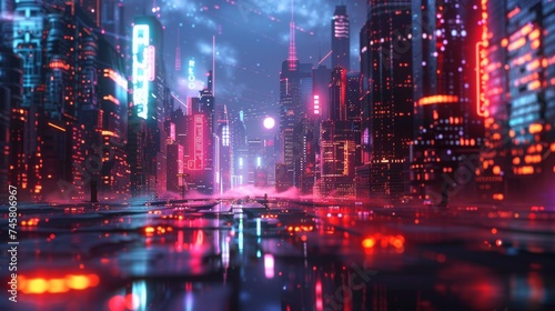 A high-tech network of blockchain and bitcoins  visualized in a neon  sci-fi landscape