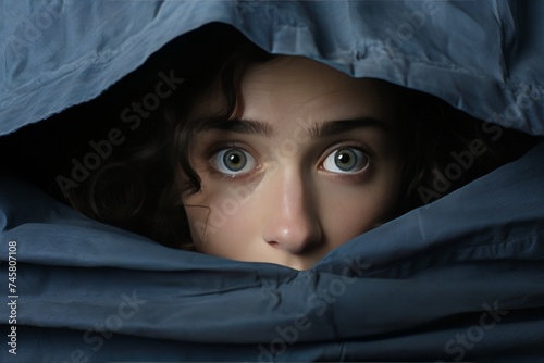 title. close-up portrait of a woman looking terrified with fear and anxiety