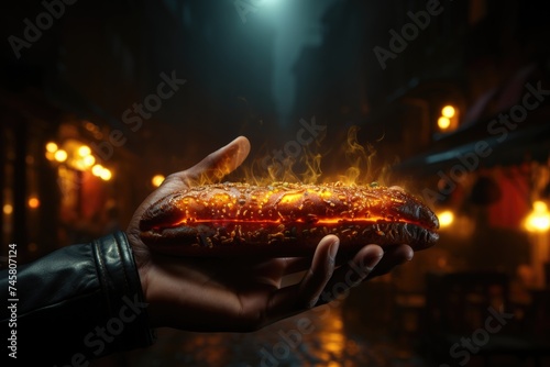 Tasty fresh hot dog in the unlocked hand of the city, generative IA