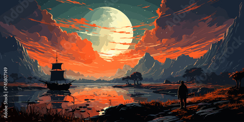 A man standing in a river with his shipwreck against the background of the sky upside down, digital art style, illustration painting