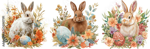 Rabbit with prominent and soft fur nestled among a vibrant assortment of spring flowers and foliage with a festive Easter celebration