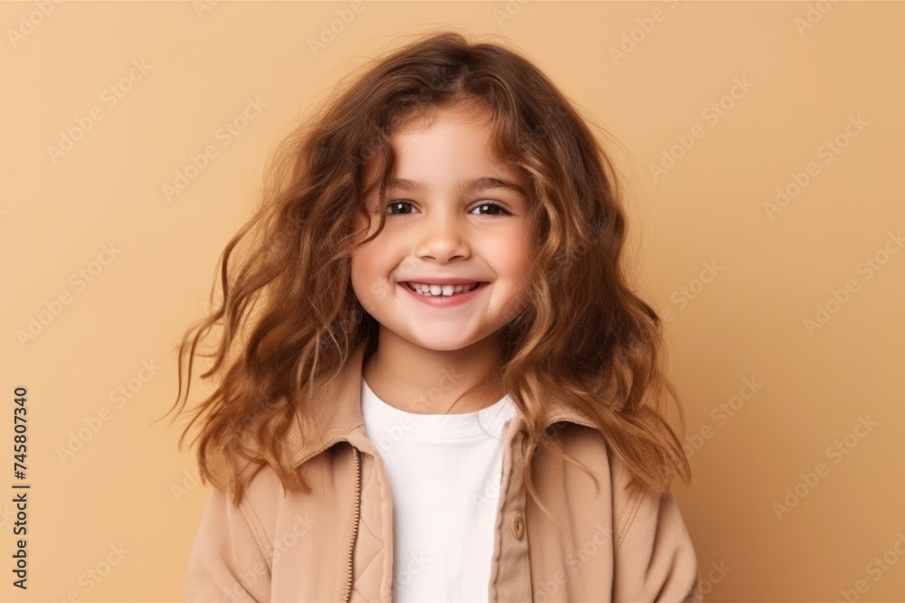 Portrait of a cute little girl with long curly hair on a beige background Portrait of a cute little girl with long curly hair on a beige background