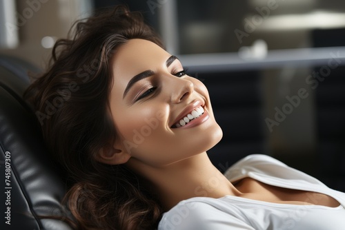 Portrait of a beautiful girl smiling and relaxing on the sofa in her cozy apartment