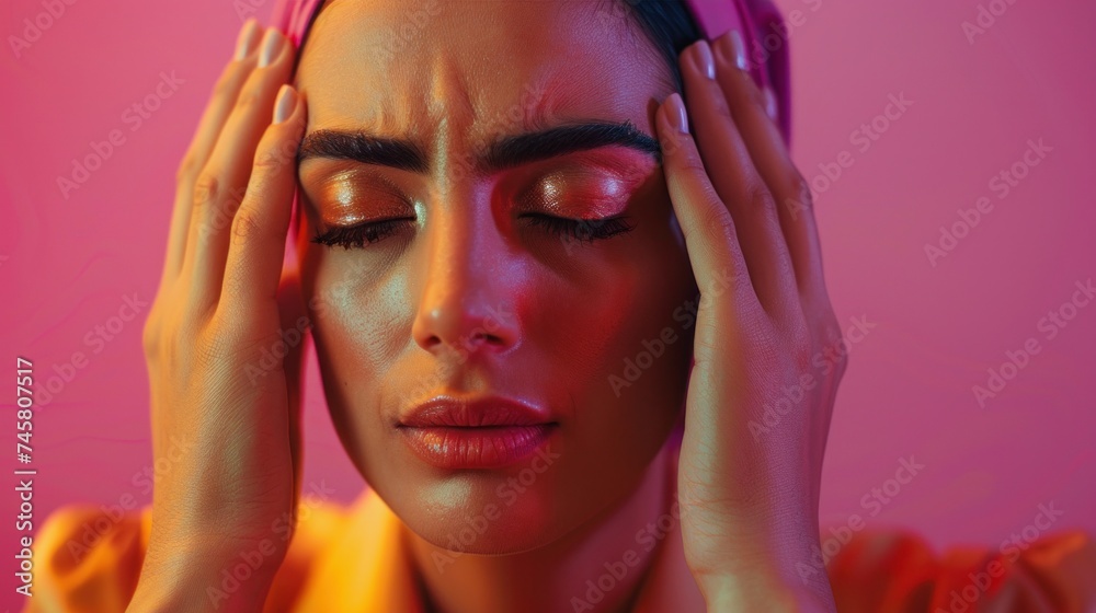 Fototapeta premium A woman with her eyes closed resting her hands on her forehead against a pink background with a hint of orange clothing conveying a sense of relaxation or contemplation.