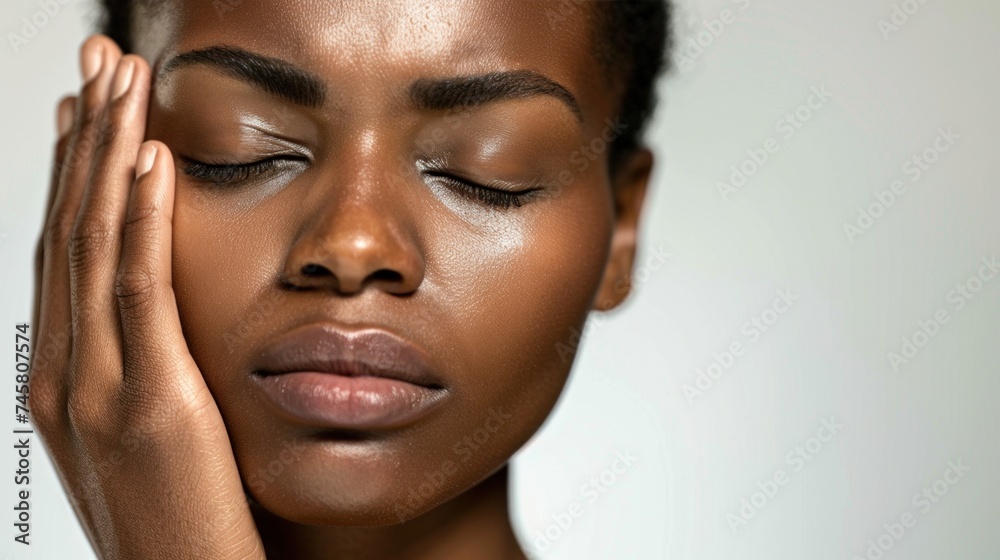 A close-up portrait of a person with their eyes closed resting their head on their hand against a white background conveying a sense of relaxation or contemplation.