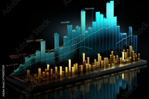 Realistic 4k financial graph illustrating increase and decrease trends in shades of blue