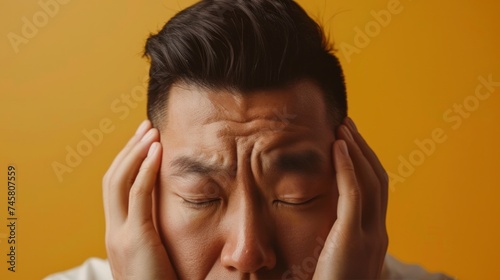 Man with dark hair closed eyes and hands on his temples expressing distress or deep thought against a yellow background.